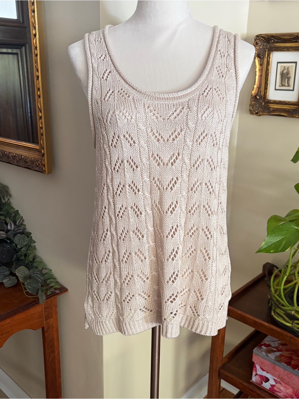 Marled SzLg Light Beige Knit Openwork Scoop Neck Tank